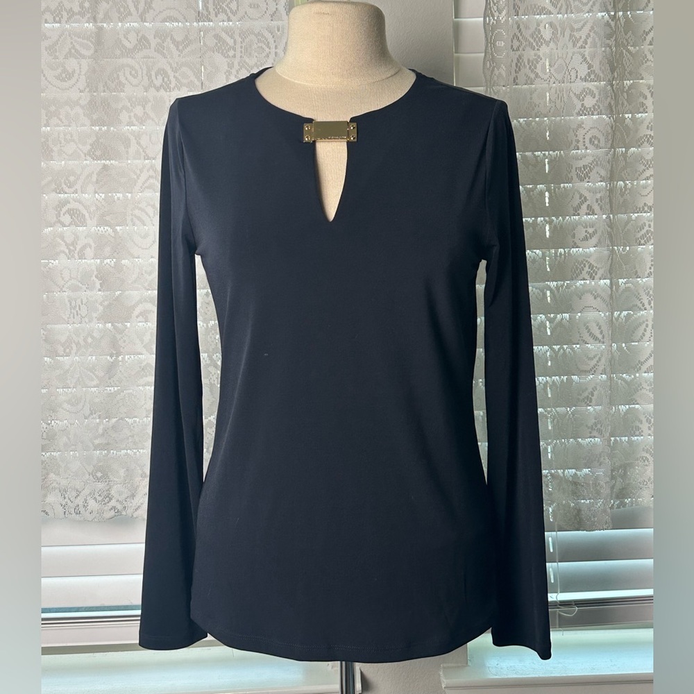 Michael Kors Navy Blue Gold Branded V Neck Long Sleeve